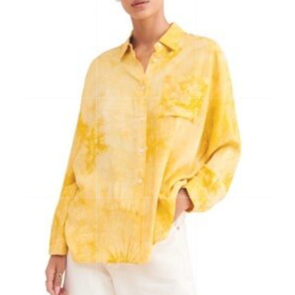 🔴Caara Stella Yellow White Tie Dye Marble Button Up Oversized Blouse Medium